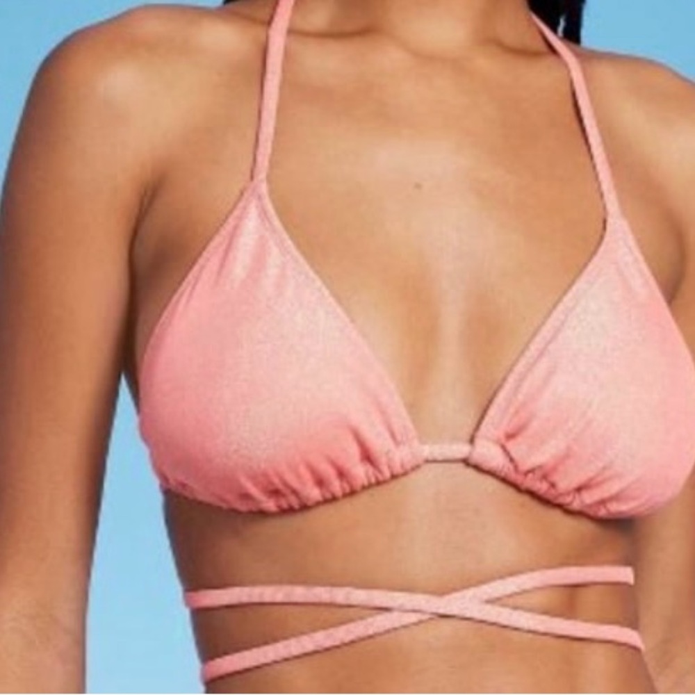 Wild Fable Bikini Top Metallic Lurex Pink/Coral Criss-Cross Ties Large NWT